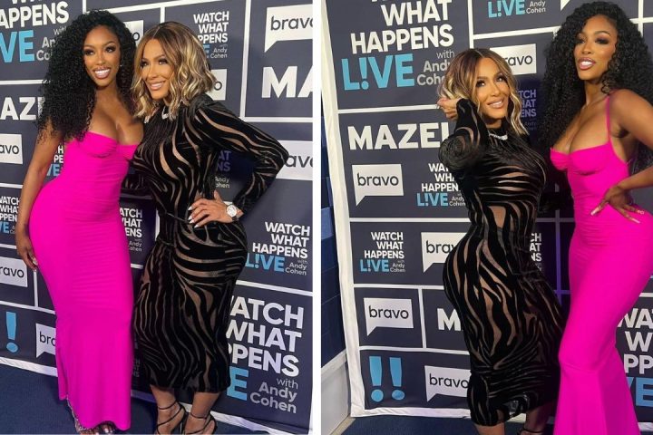 Sheree Whitfield and Posha Guobadia Appeared on Bravo Watch What Happens Live in a Black Versace Dress and Hot Pink Brandon Maxwell Strapless Gown