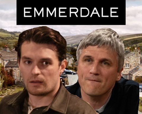 Emmerdale's Mack, Caleb, the Emmerdale logo and background of the Dales