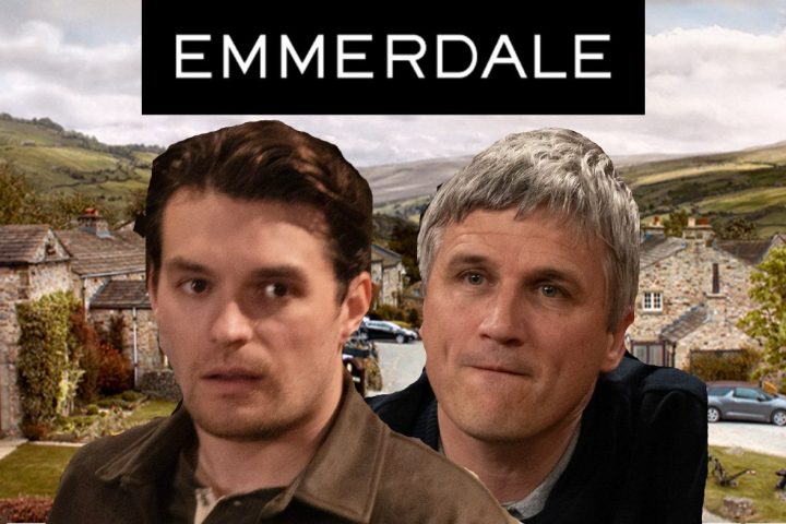 Emmerdale's Mack, Caleb, the Emmerdale logo and background of the Dales