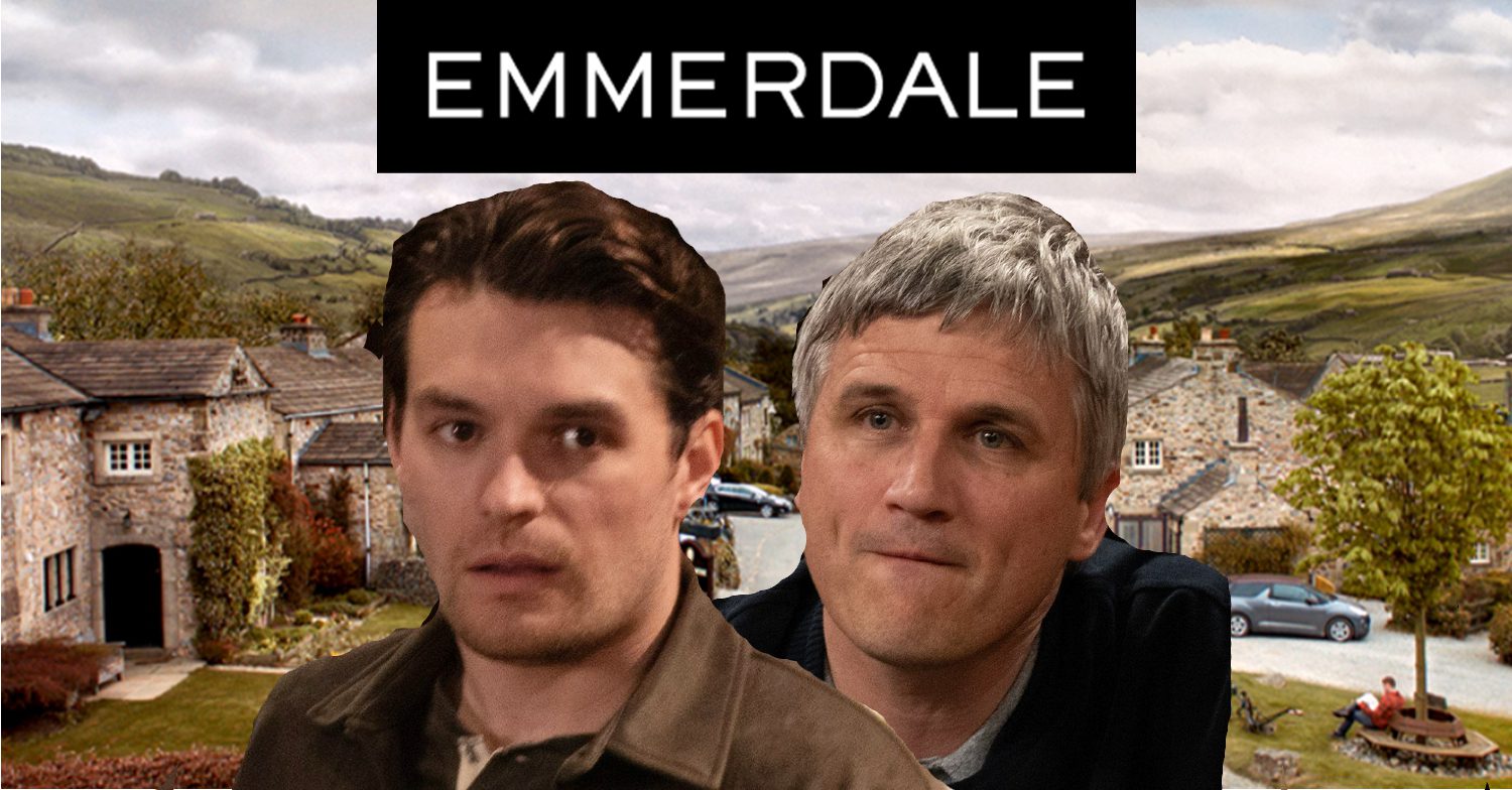Emmerdale's Mack, Caleb, the Emmerdale logo and background of the Dales